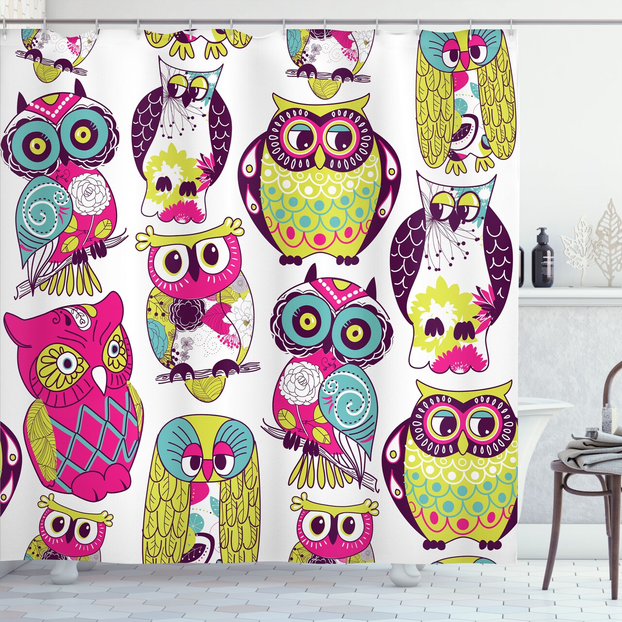 Ambesonne Owls Shower Curtain, Boho Style Owls with Fun Patterns and Eyes Funny Best Friends Forever Animal Themed Arts Design, Fabric Bathroom Decor Set with Hooks, 69" W x 70" L, Multicolor Coral